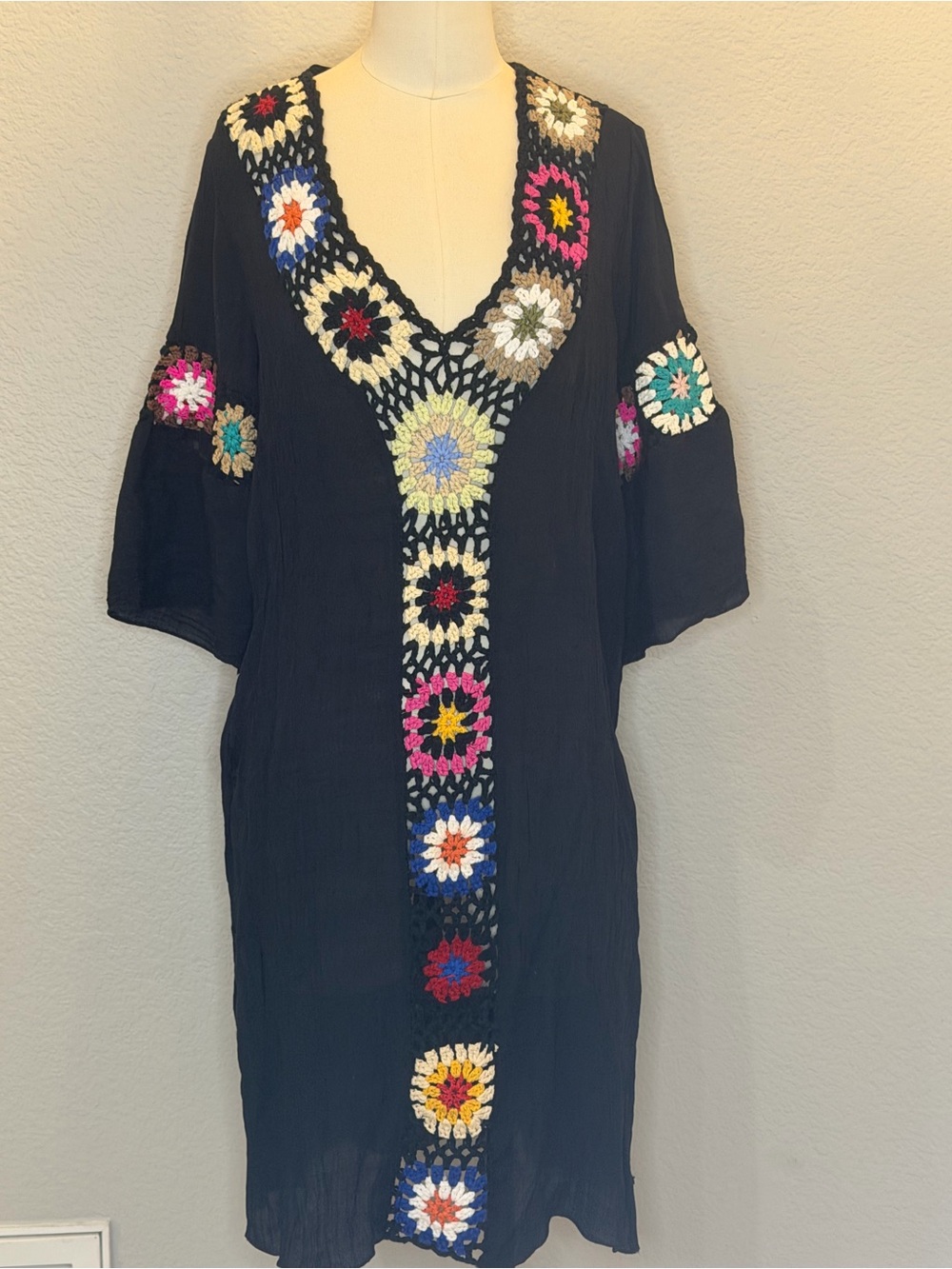 Black Viscose-Blend Garment with Crochet Accents